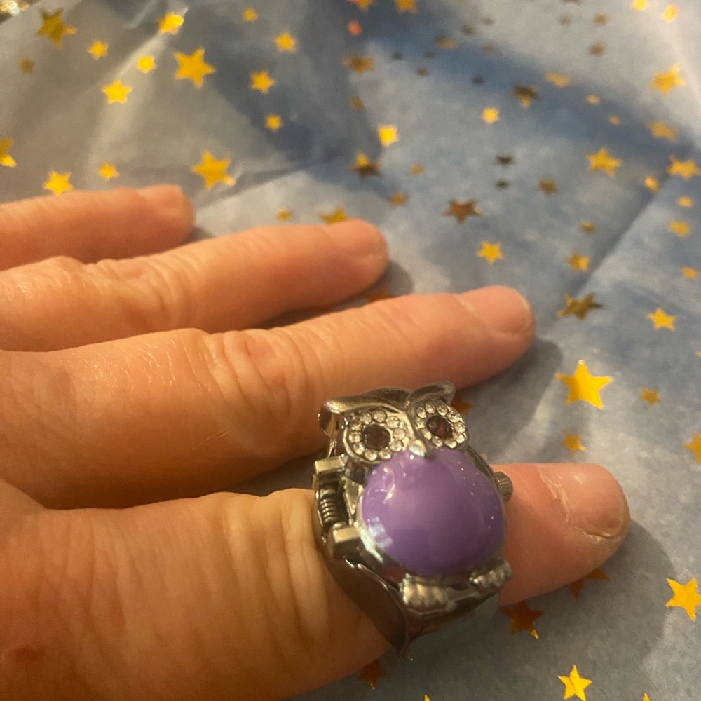 Silver Owl Ring with Purple Gem